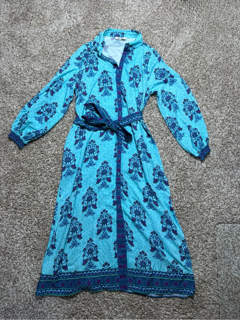 Celina Moon Blue Pattern Tie Waist Long Sleeve Maxi Shirt Dress